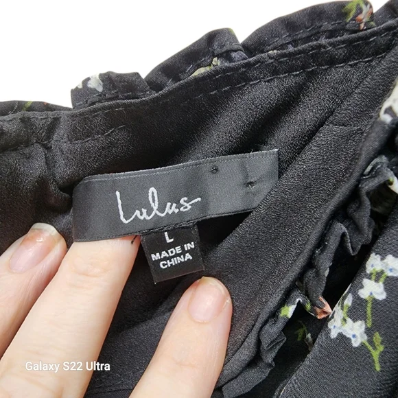 Lulus Cottagecore Black Floral Tie-Front Mini Dress – Size L Boho Romantic Cute - Picture 5 of 13